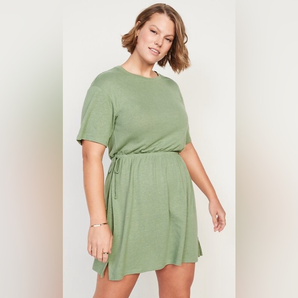 NWT XXL Tall Old Navy Waist-Defined Short-Sleeve Linen-Blend Green Mini Dress